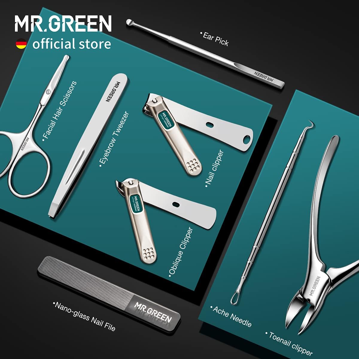 Manicure Set Stainless Steel with PU Leather Case Green - Image 3