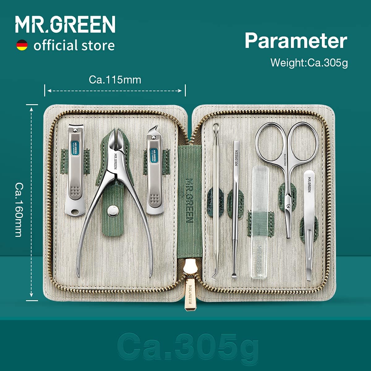 Manicure Set Stainless Steel with PU Leather Case Green - Image 5